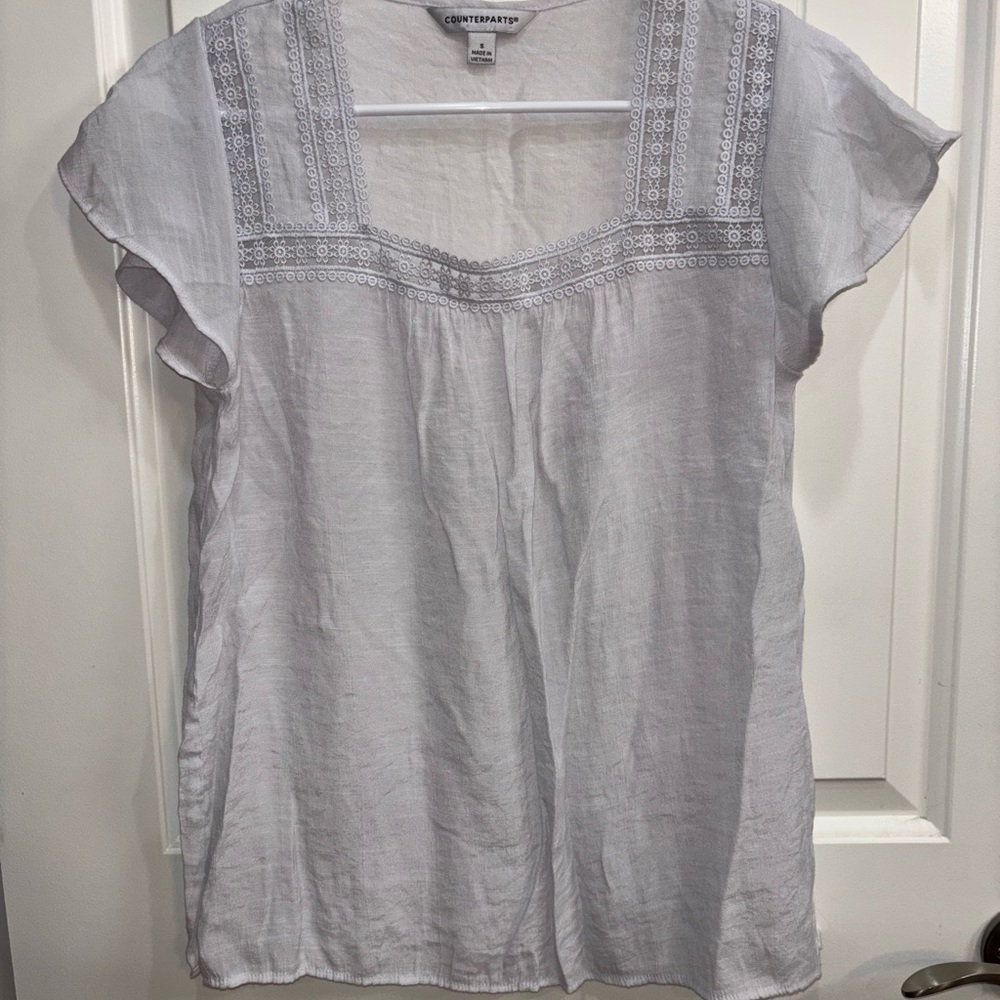Counterparts White Flutter Sleeve Blouse with Lace Detail